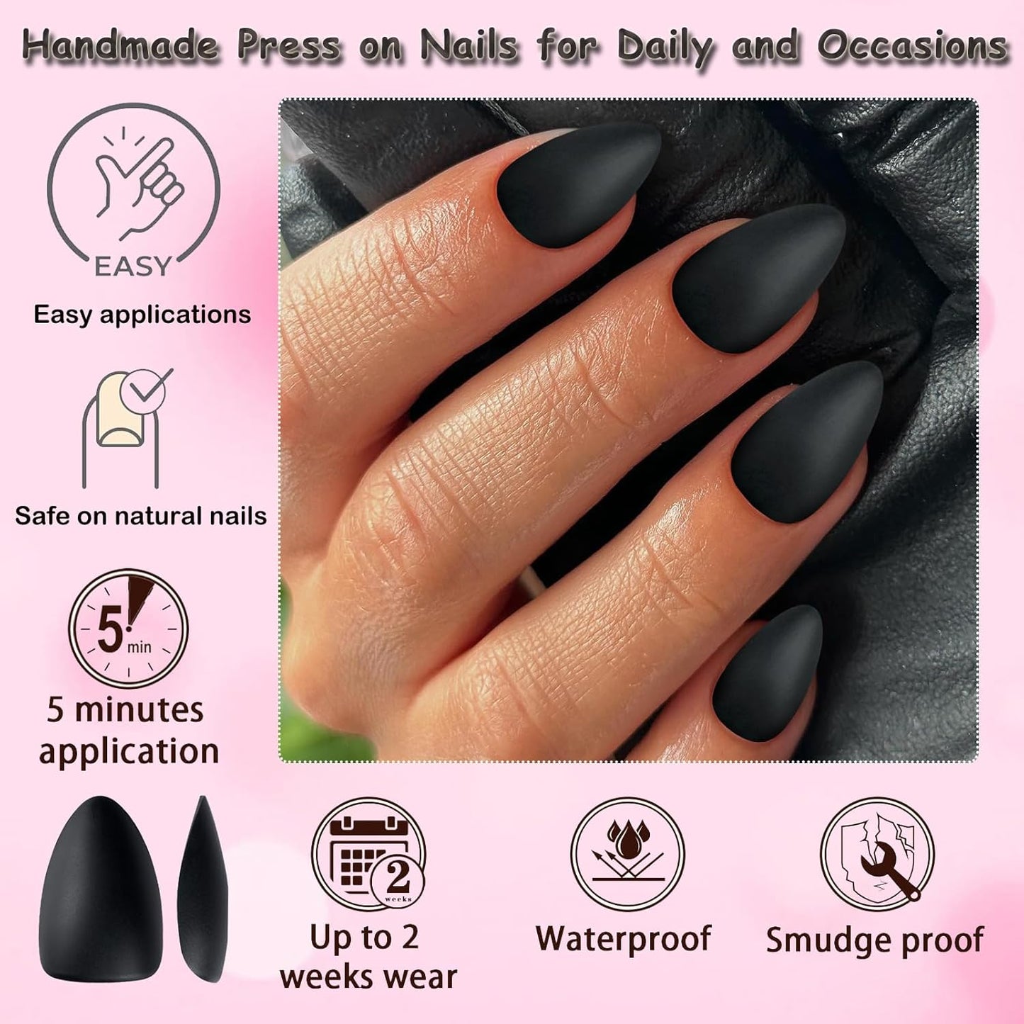 360Pc Almond Press on Nails Short Fake Nails with Glue Tabs, Short Press on Nails Almond Glue on Nails Black Acrylic Nails Press Ons False Nails Women Girls XS Stiletto Artificial Nails